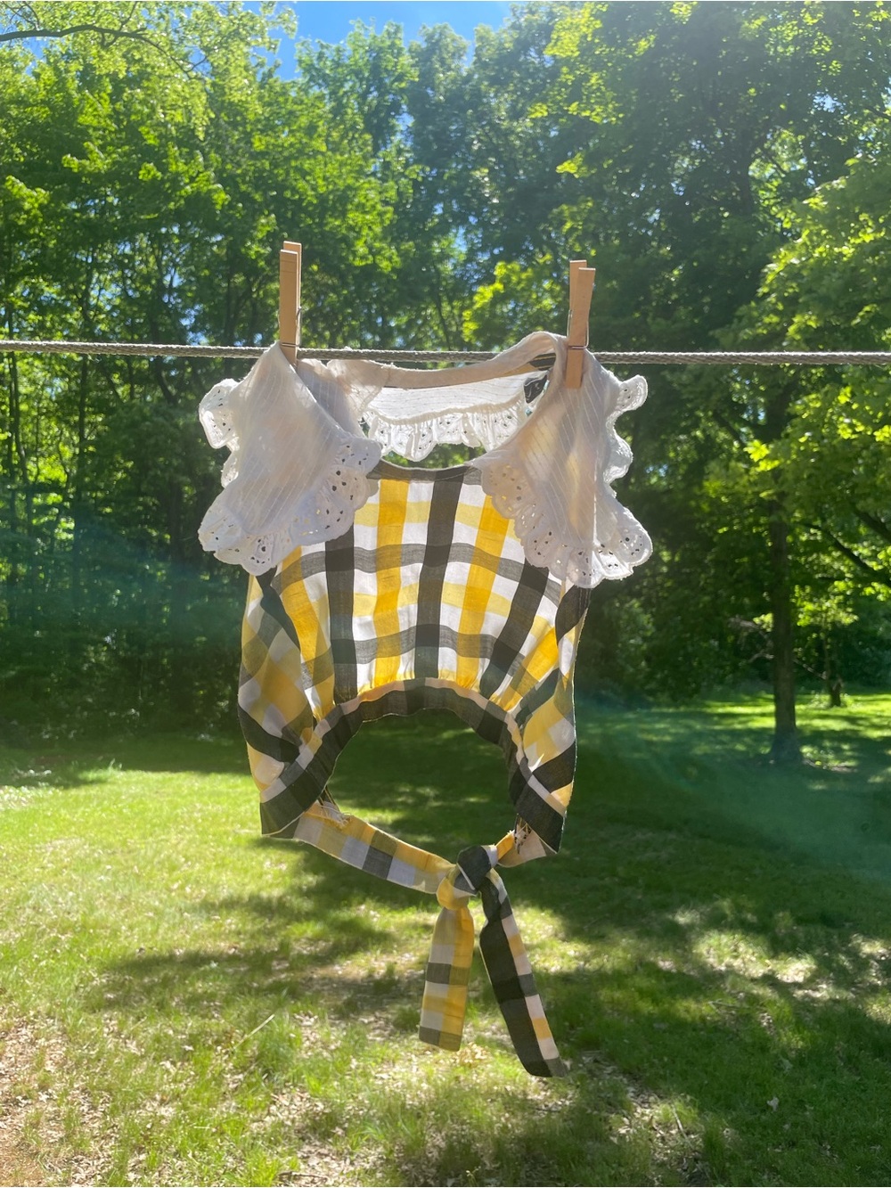 Perfect Vintage Yellow Gingham Tie-Back Top with Eyelet Ruffle Shoulders